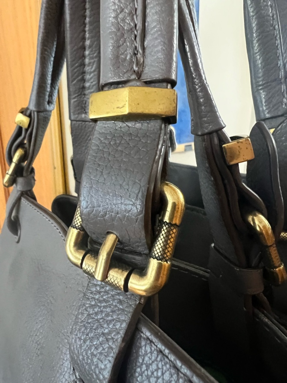 orYANY Slate Gray Leather Shoulder Bag with Gold Hardware - Picture 3 of 13